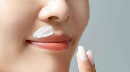 Obraz premium Panthenol Vitamin B5 Serum Moisturizing and Soothing Acne-Prone Skin of South Korean Woman with Clear Complexion