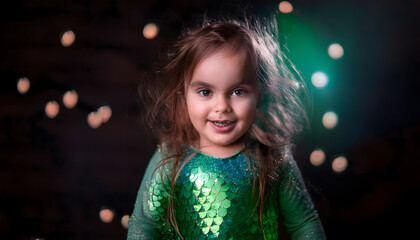 baby, girl, close up, tr&auml;gt, mermaid, halloween, kost&uuml;m, disco, bokeh, dancing, gr&uuml;n, fasching, karneval, musics, licht, gestalten, copy space, poster, flyer, photo, tanzen, party, feiernd, feier, y2k