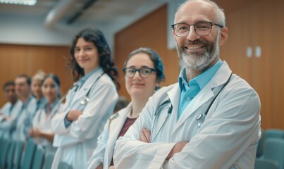 Fototapeta premium Confident Healthcare Professionals: Smiling Male Doctor and Nurse Standing in Medical Training Room. Portrait of Diverse Medical Team Showcasing Expertise and Teamwork in Modern Healthcare Setting. Pr