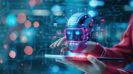 Person chatting with a chatbot on a tablet, practicing language skills through engaging conversation, Chatbot, Tablet