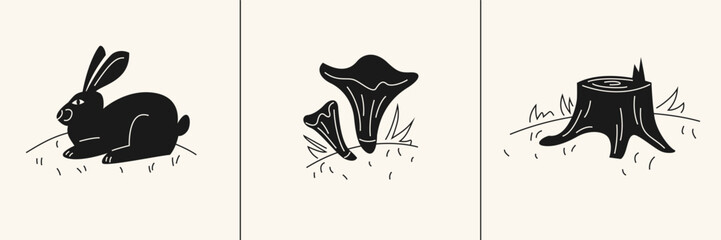 A set of pictures on the theme of nature and forests. A silhouette image of a hare, mushrooms and a stump. Forest motifs.