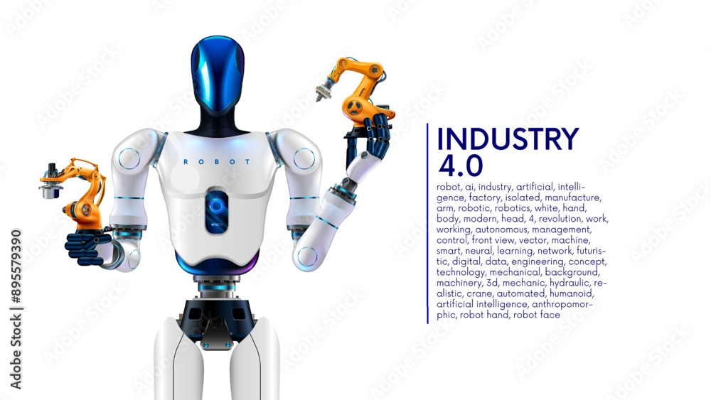 Fototapete AI management work robots on factory. Humanoid robot with artificial intelligence or AI controls robotics arms on factory or manufacture. Industry 4.0. AI technology in industrial revolution. Concept