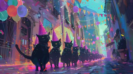 Obraz premium Enchanting Black Cat Parade: Playful Felines in Witch Hats Amid Pastel Celebration