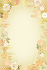 華やかな花と和柄の年賀状素材