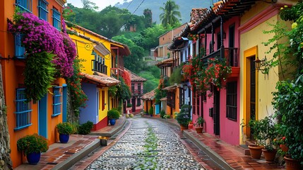 A charming street with colorful buildings, 