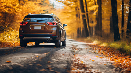 Rear View of a Car Driving Through an Autumn Forest