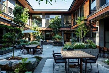 Outdoor terrace with tables and chairs in a modern restaurant.