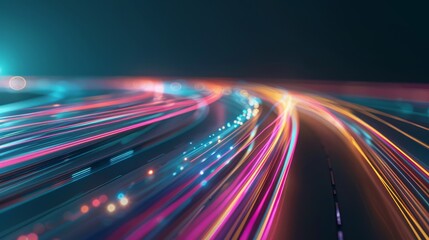 Obraz premium A dynamic and vibrant scene with streaks of light in motion, The lights create a sense of speed and energy, blending seamlessly into a futuristic and abstract background.