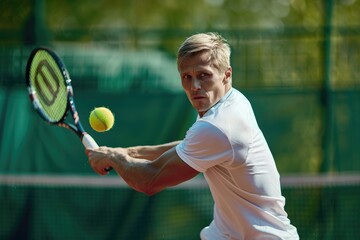 Senior Man Playing Tennis Outdoors on a Sunny Day, Focused on Hitting the Ball