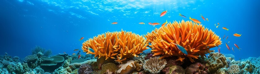 A coral reef with a large orange plant and many fish swimming around it © Chayan