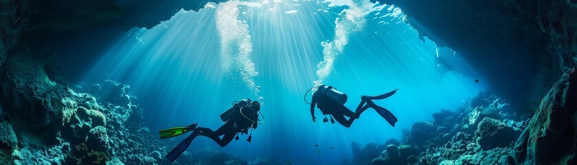 Two scuba divers are swimming in the ocean