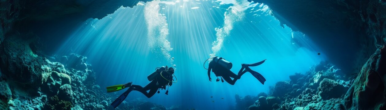 Two scuba divers are swimming in the ocean
