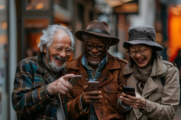 Fototapeta premium three people with a cell phone taking a photo or looking at things that make them funny