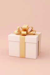 Obraz premium Elegant Gift Box with Golden Ribbon - A luxurious white gift box adorned with a golden ribbon and bow, set against a soft pink background, perfect for festive and celebration-themed projects.