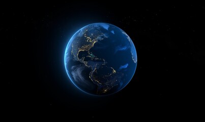 Fototapeta premium Blue Planet Earth in Space - A stunning view of planet Earth from space, showcasing the continents and glowing lights, perfect for space and astronomy-themed projects.