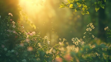 optical view of green forest with wild forest flower blossom. Morning sunrise