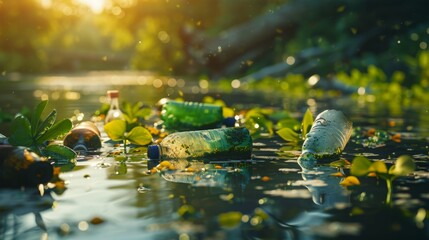 Discarded plastic bottles and trash, floating on the water. Harsh sunlight. Urban river background.