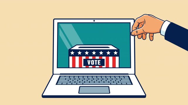 Online voting concept with a hand casting a ballot into an American flag-themed virtual ballot box on a laptop screen. Animation in retro style
