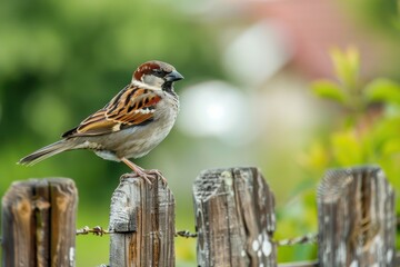 A charming house sparrow perched on a wooden fence, with a rustic countryside background.