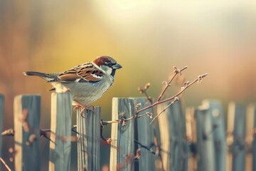 A charming house sparrow perched on a wooden fence, with a rustic countryside background.