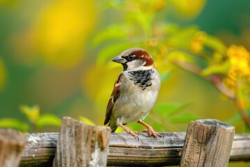 Obraz premium A charming house sparrow perched on a wooden fence, with a rustic countryside background.