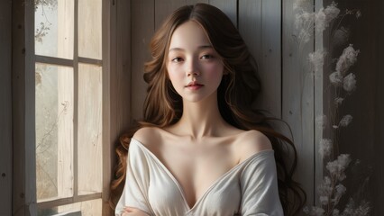 Fototapeta premium A woman with long hair posing in front of a window, AI