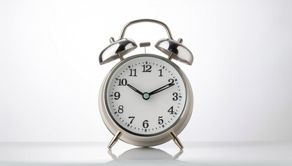 A classic alarm clock with a round face, isolated on a white background, highlighting its timeless design and functionality.