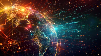 Obraz premium digital globe with animated trade routes and financial centers glowing in vibrant colors against a dark background