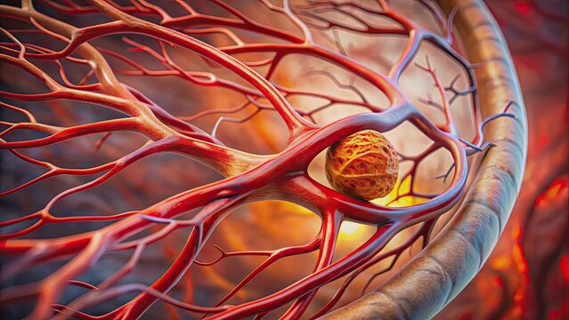 A close-up of a blood vessel with a ruptured aneurysm causing damage and bleeding, medical, emergency, healthcare