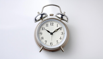 Naklejka premium A classic alarm clock with a round face, isolated on a white background, highlighting its timeless design and functionality.