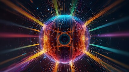 Obraz premium colourful quantum computer core surrounded by dynamic light trails, representing cutting-edge technology.