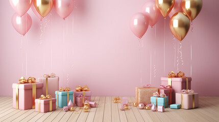 A photo of birthday gifts and balloons on the floor, against a pastel pink wall, with empty space for text in the center, creating an elegant backdrop. background, backdrop. 