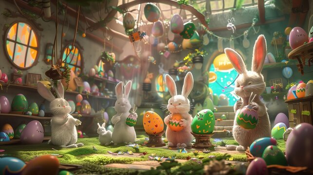 Enchanted Easter Egg Factory: Bunnies and Chicks Crafting Colorful Eggs in a Whimsical Wonderland
