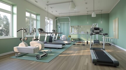 Fototapeta premium Brightly lit indoor fitness center with various exercise machines and treadmills offers a clean, modern space for physical rehabilitation or workout.