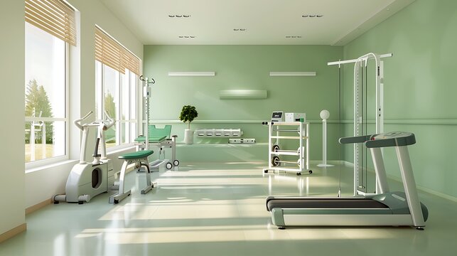 serene and modern physical therapy room with state-of-the-art equipment like a treadmill and resistance therapy devices, set against a backdrop of soothing green walls.