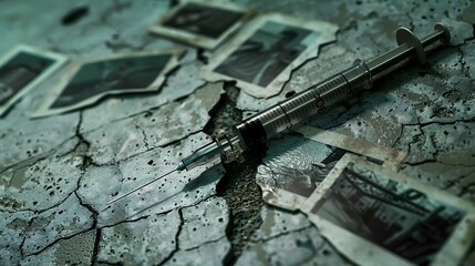  close-up of a syringe on a cracked concrete floor, with scattered, faded photographs of happier times around it, representing loss and addiction's impact on life.