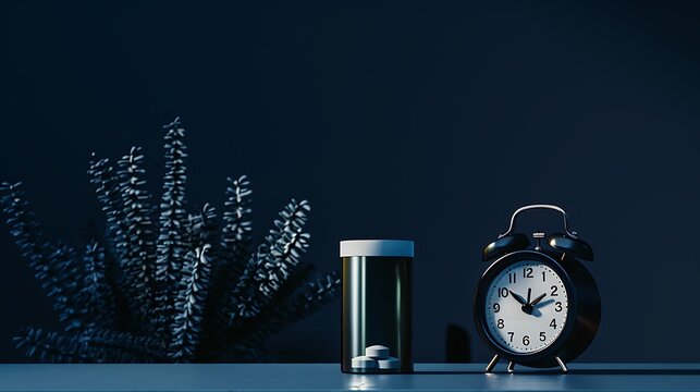 A dramatic setting with a single pill left in a container beside a ringing black alarm clock, set against a dark blue background, highlighting the concept of the last dose.