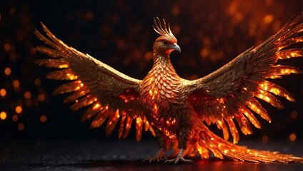 Majestic phoenix firebird in fiery sparkling display on dark background with copy space.