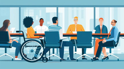 A business meeting with a person in a wheelchair taking notes and interacting with colleagues around a large table.