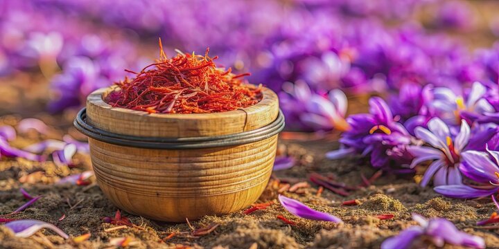 Spanish saffron plantation with container, saffron petals and thread , saffron, Spain, plantation, harvest, container