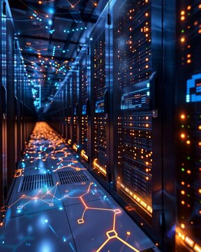 Secure server room with glowing data streams and high-level encryption, representing robust security measures