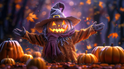 Obraz premium Scarecrow in Autumn Pumpkin Field