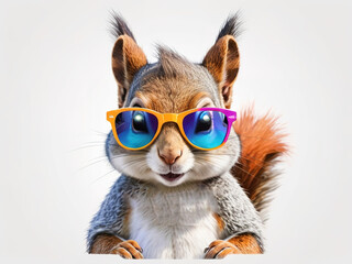 Squirrel wearing colorful glasses, cute and isolated on a white background.