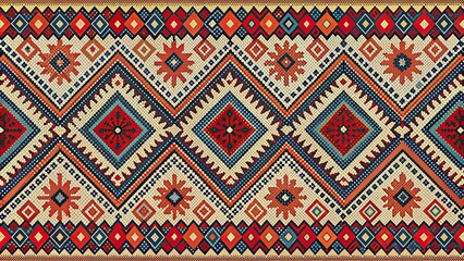 Ethnic Sami Nordic pattern with bold geometric shapes in red, blue