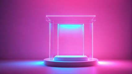 Transparent acrylic podium, neon light effects, futuristic ambiance, tech gadget showcase