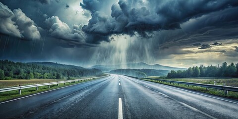 Dangerous highway in bad weather with wet and slippery road , slippery, hazardous, road conditions, rain, storm