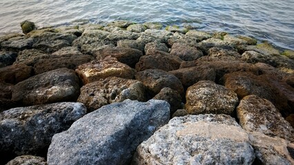 an arrangement of stones dividing the beach and sea to break the waves.