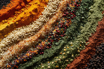 Large selection of various spices at the spice market in Turkey, India, Georgia, East and Asia. Top view. Flat lay