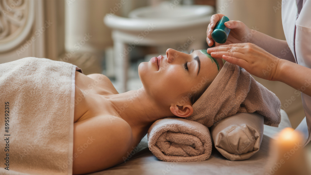 Poster A woman getting a facial treatment in the spa, AI