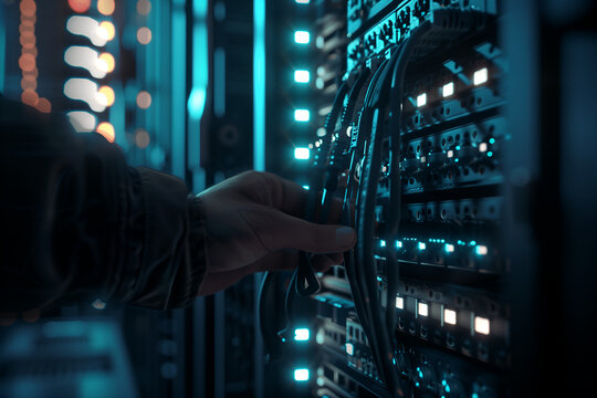 Hand plugging cables into server rack in data center - Powered by Adobe